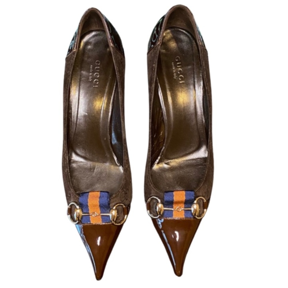 Gucci Brown Patent Leather & GG Monogram Suede Heels